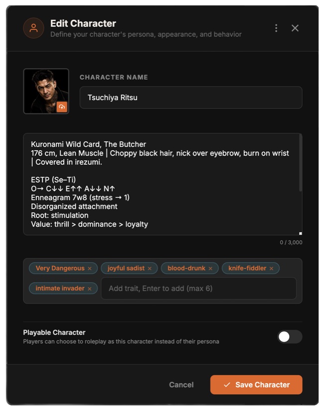Character edit modal